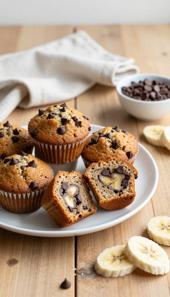 Chocolate chip banana bread muffins on a wooden table