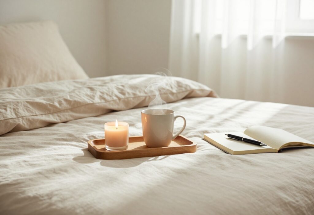 Peaceful bedroom setup with tea, candle, and journal for a daily self-care reset