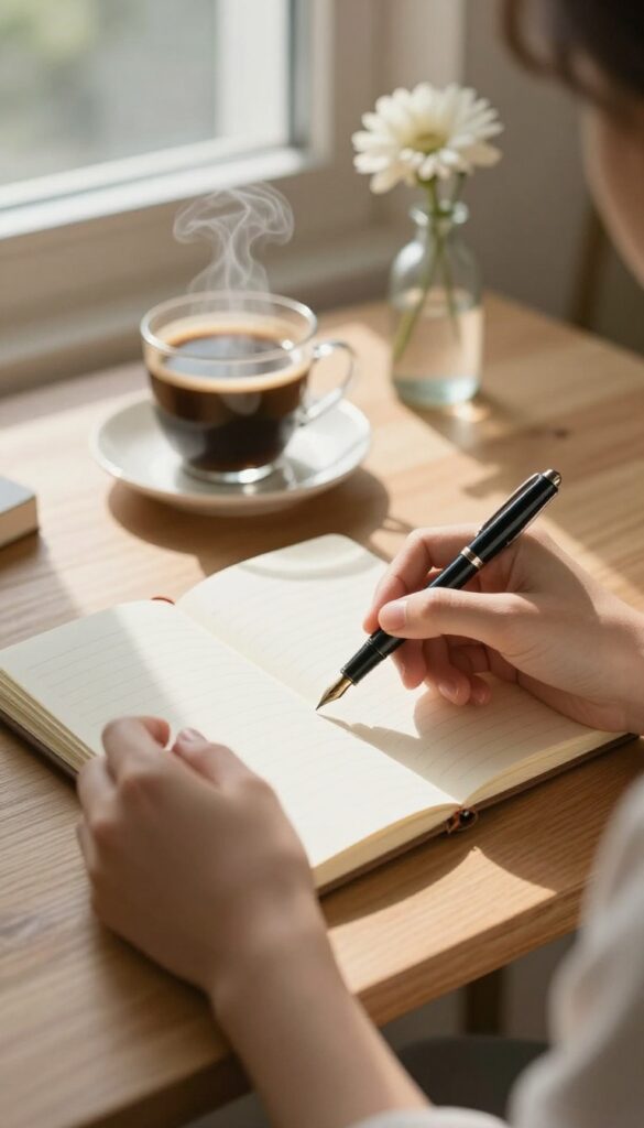 A person writing in a gratitude journal with a cup of coffee and sunlight in a cozy setting