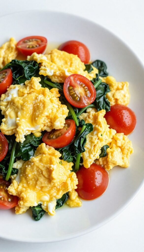 Fluffy scrambled eggs with spinach and cherry tomatoes on a white plate