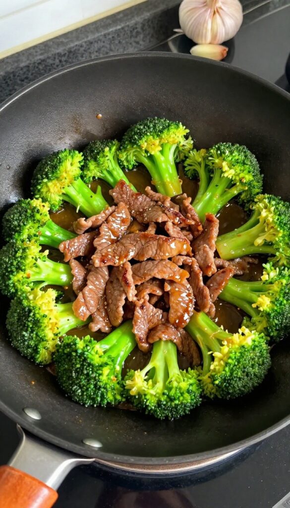 Lean beef stir-fry with broccoli in a wok on a dark countertop, with garlic and soy sauce nearby.