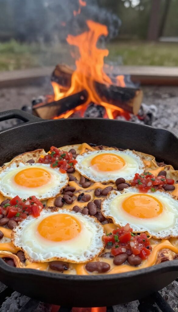 Campfire huevos rancheros in a cast-iron skillet with crispy tortillas, refried beans, sunny-side-up egg, melted cheese, and salsa.