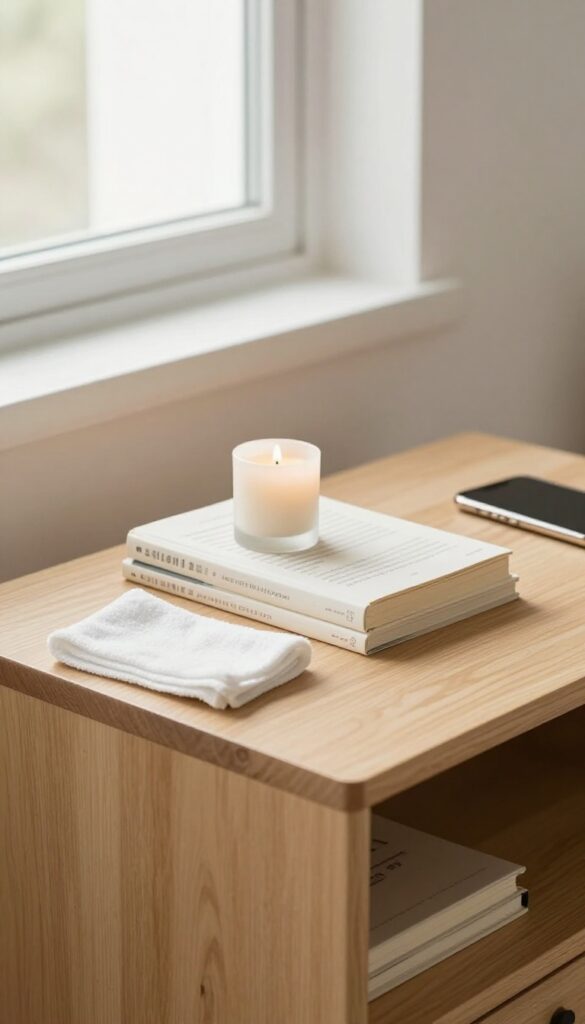 A person decluttering a nightstand, wiping it down with a cloth, with items sorted into keep and donate piles.