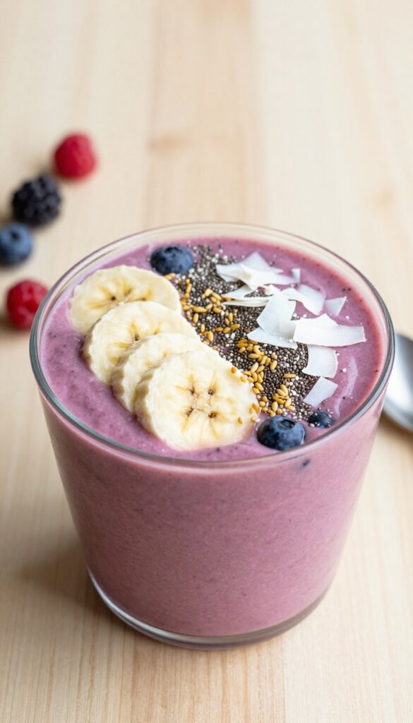 Banana smoothie bowl topped with berries, coconut flakes, chia seeds, and hemp seeds on a wooden table in natural light