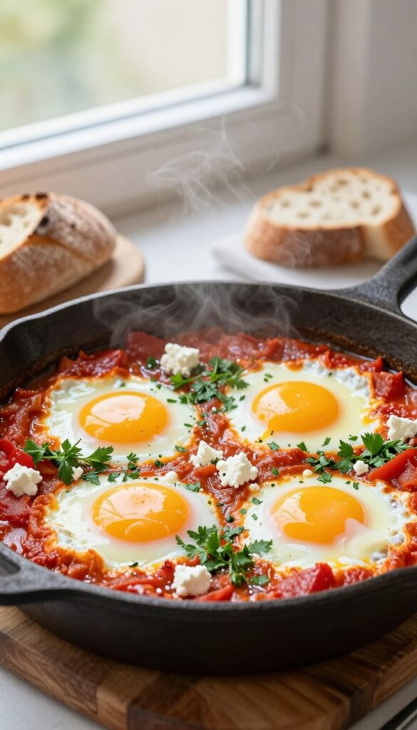 Shakshuka with poached eggs in a cast-iron skillet, garnished with parsley and feta, with crusty bread on the side.
