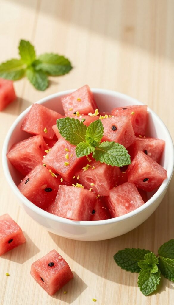 Watermelon mint bowl with fresh mint and lime zest on a wooden table