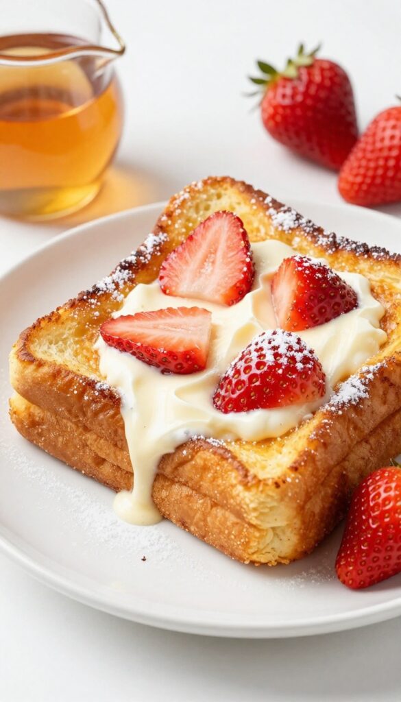 Stuffed strawberry cream cheese French toast sandwich cut in half, showing creamy filling and fresh strawberries, on a white plate with maple syrup.