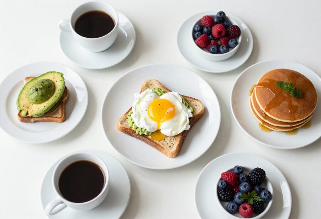 Brunch table with avocado toast, berry parfait, pancakes, and coffee