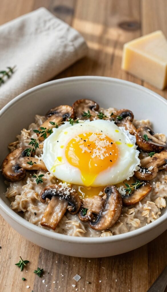 Savory mushroom and thyme oatmeal topped with a poached egg and Parmesan, served in a ceramic bowl on a wooden table.