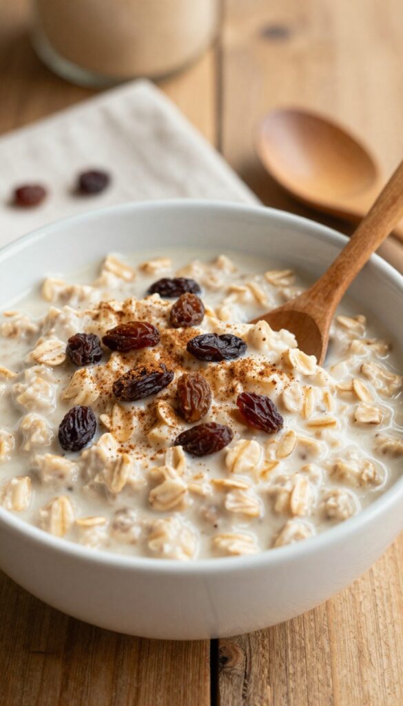 A bowl of creamy oatmeal topped with cinnamon and raisins, served on a wooden table in natural light.