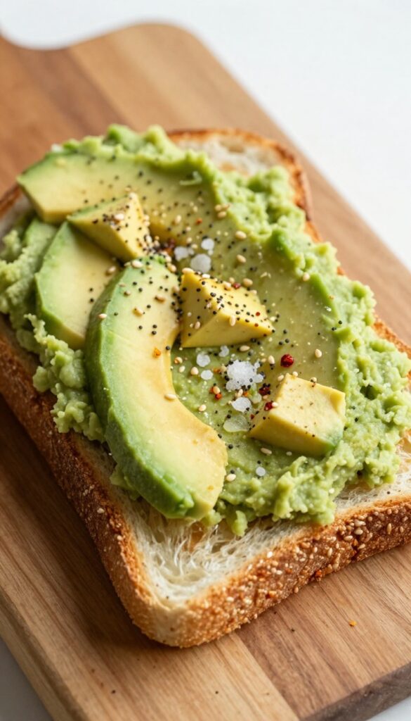 Avocado toast with everything bagel seasoning on a wooden board