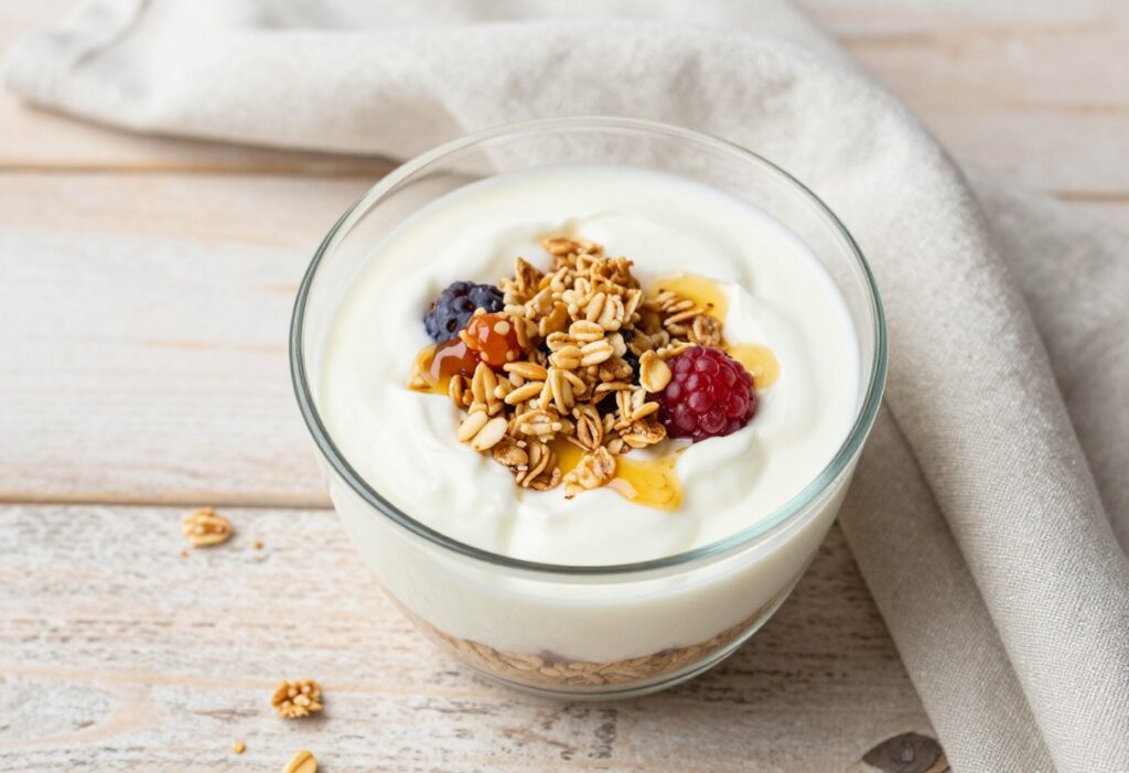 Creamy yogurt parfait with berries and granola in a glass bowl on a wooden table