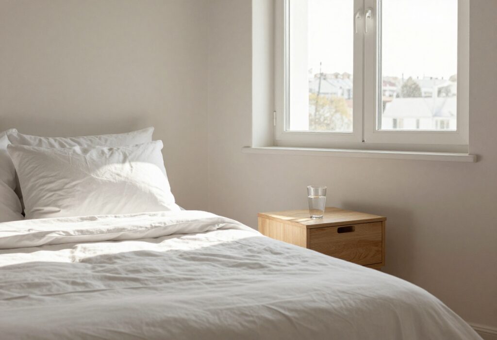 A peaceful bedroom with a glass of water on a nightstand and a made bed in soft morning light
