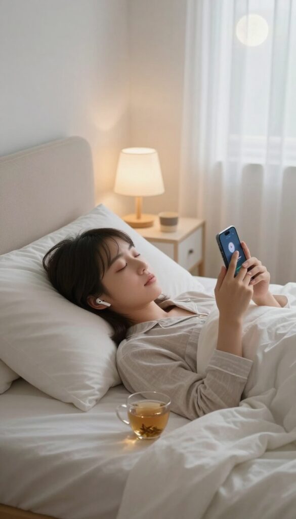 Person listening to a sleep story or calm music on a smartphone in a cozy bedroom at night