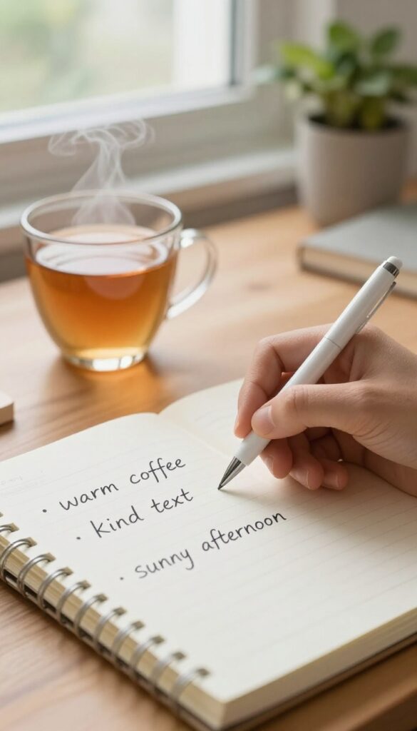Open planner with handwritten gratitude log, tea, and pen on a sunlit wooden desk