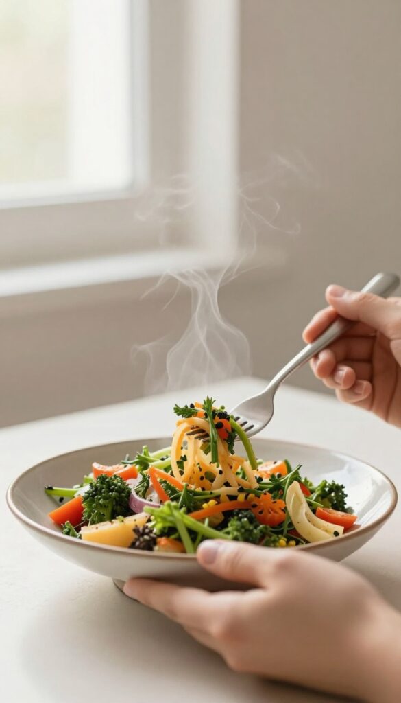 Mindful eating with a fork over a colorful healthy meal in natural light