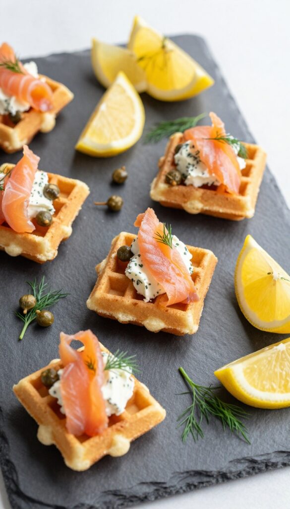 Mini waffle bites topped with smoked salmon, dill cream cheese, and capers on a slate board.