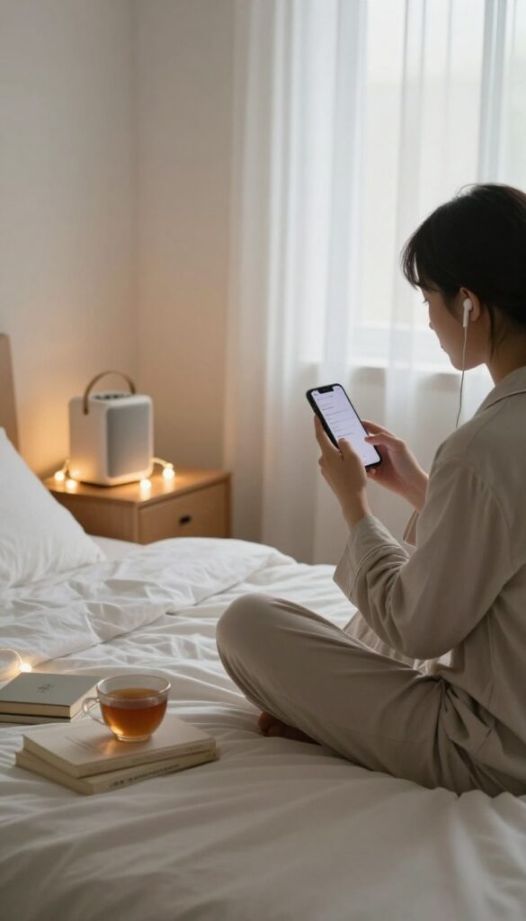 Person in pajamas listening to music on smartphone in cozy bedroom at night