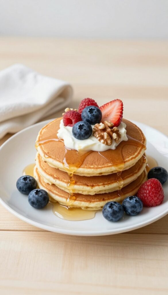 Stack of banana pancakes with berries, yogurt, and maple syrup on a plate in natural light