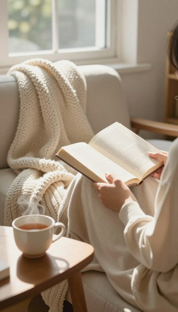 Cozy reading nook with a book of poetry, blanket, and tea in warm natural light