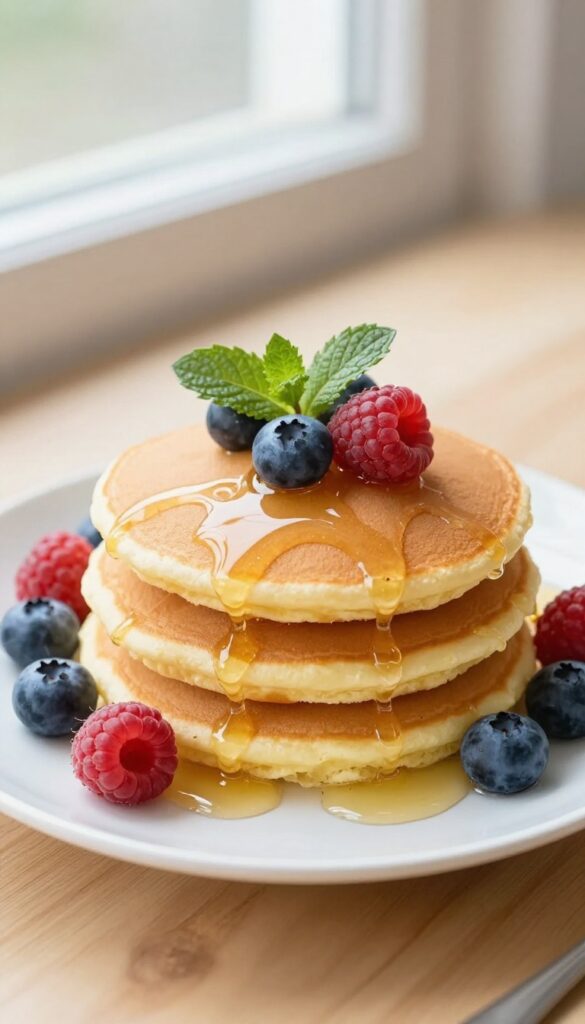 Lemon ricotta pancakes with honey drizzle and fresh berries on a plate