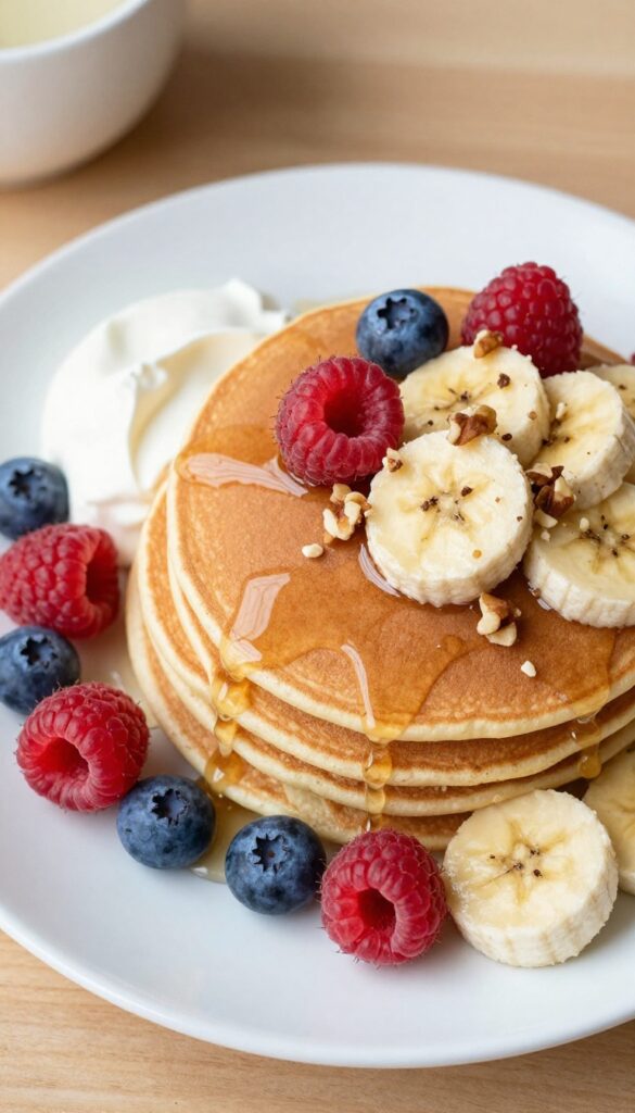 Stack of banana oat pancakes with fresh berries and syrup