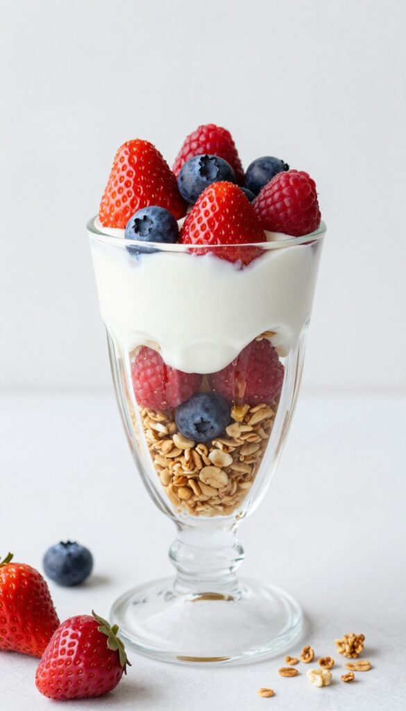 Greek yogurt parfait with berries and granola in a glass