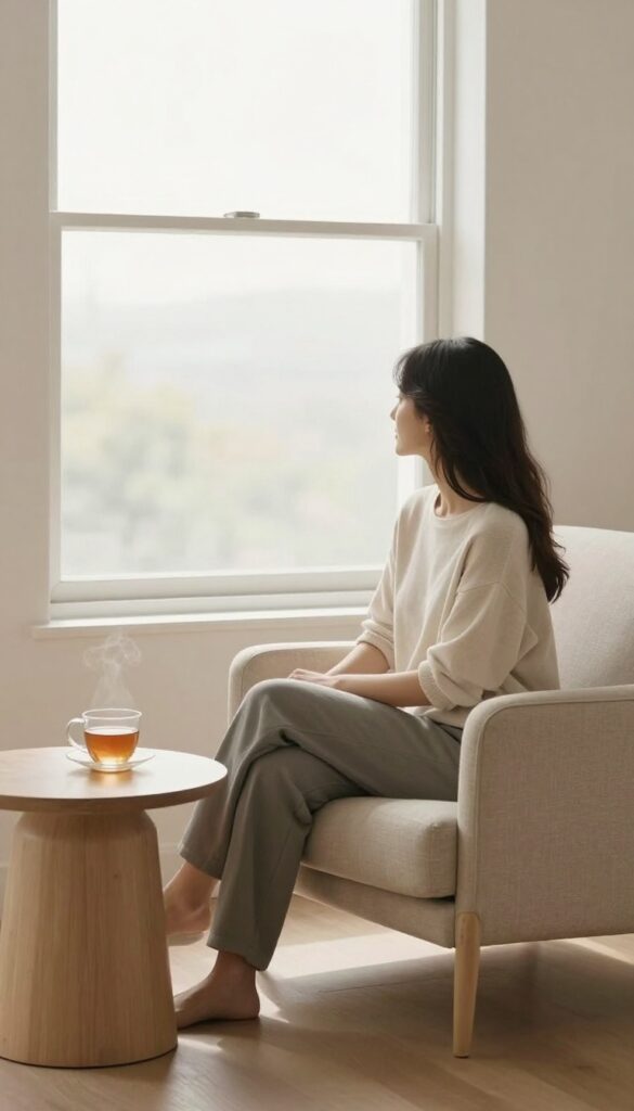 Person taking a screen break, sitting in a cozy chair by a window, enjoying a peaceful moment with tea.