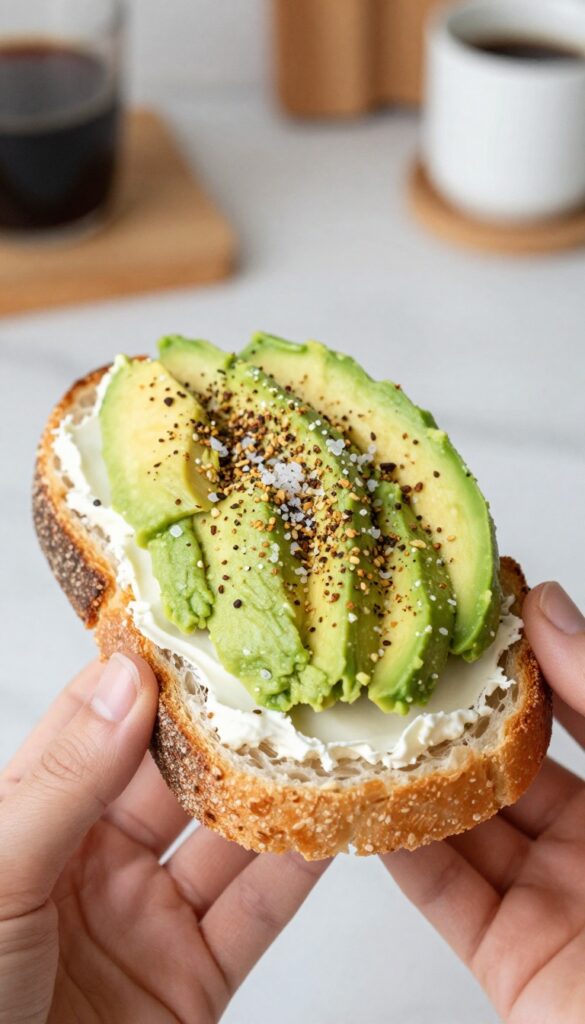 Everything bagel seasoning and cream cheese avocado toast on sourdough
