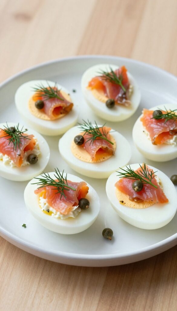Plated hard boiled eggs with smoked salmon, cream cheese, capers, and dill on a white plate.