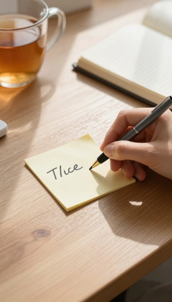 Woman writing a daily intention on a sticky note in a bright, peaceful morning setting
