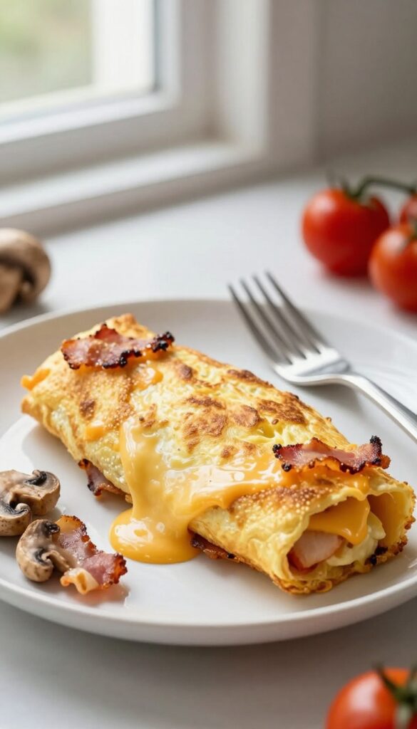 Keto-friendly bacon and cheese omelette on a white plate with mushrooms and cherry tomatoes