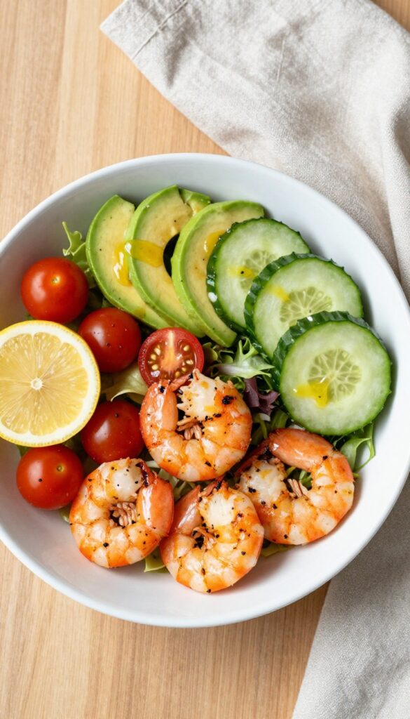 Shrimp and avocado salad in a bowl with mixed greens, cucumber, and cherry tomatoes