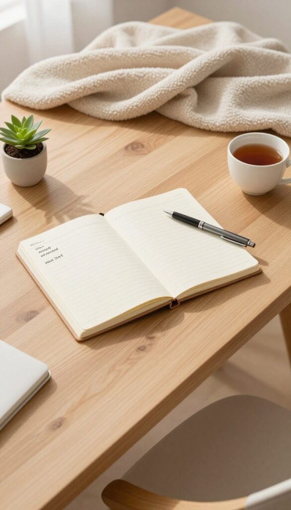 A peaceful desk scene with an open planner, notebooks, tea, and a plant, representing a monthly review and reset routine.