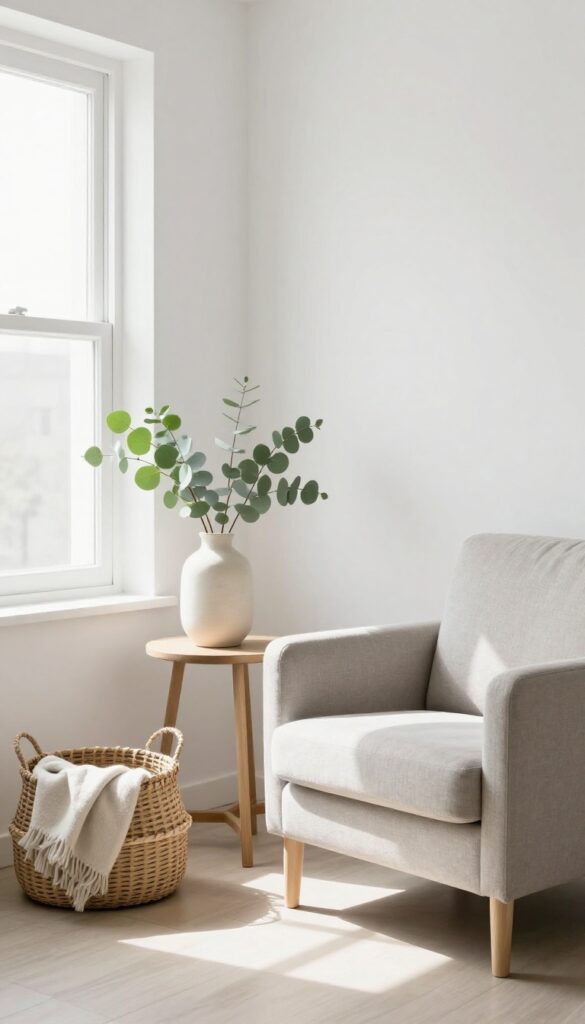 Cozy living room corner with rearranged furniture, soft natural light, and a fresh plant