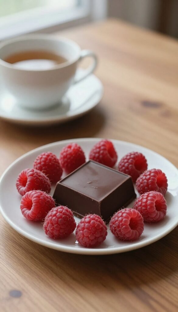 A small plate with dark chocolate and raspberries, with a cup of tea in the background, representing a mindful treat.