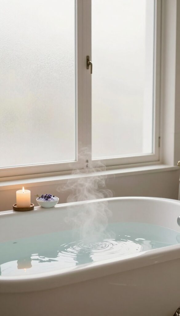 Warm bath with candle, Epsom salts, and lavender in a bright bathroom