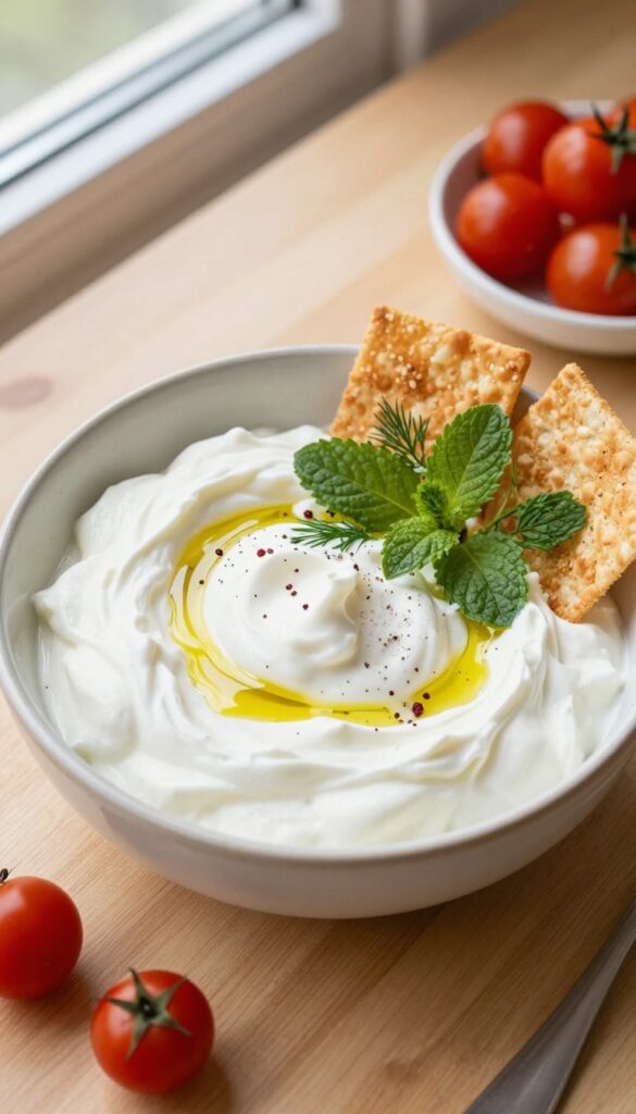 Savory yogurt bowl with olive oil, fresh herbs, and pita chips