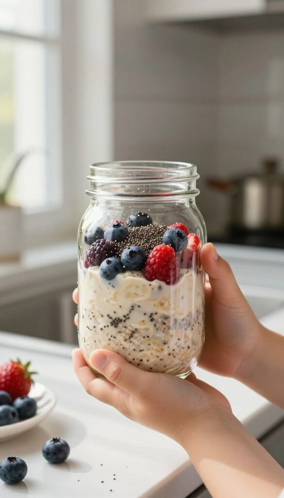 Overnight oats in a mason jar with berries and chia seeds, held by a child's hand in morning light.