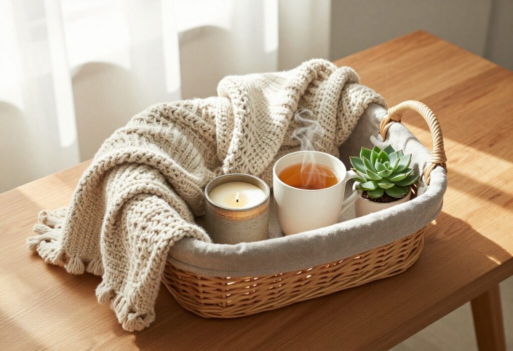 A self care basket with a blanket, candle, tea, and plant on a wooden table