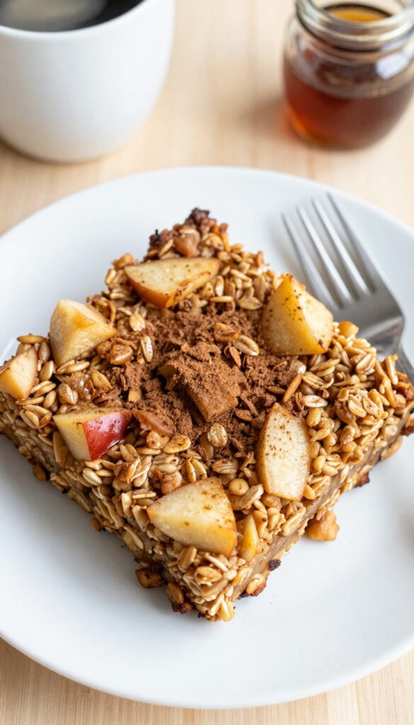A slice of apple cinnamon baked oatmeal on a plate with a fork, coffee, and maple syrup in the background.
