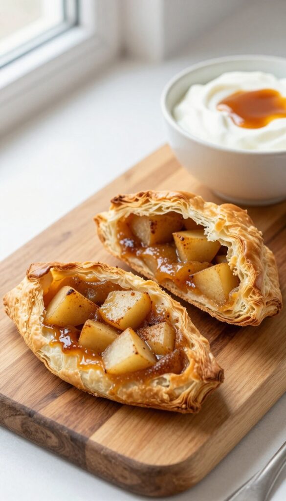 Golden brown apple cinnamon puff pastry turnover cut in half on a wooden board with a side of vanilla yogurt and caramel sauce.