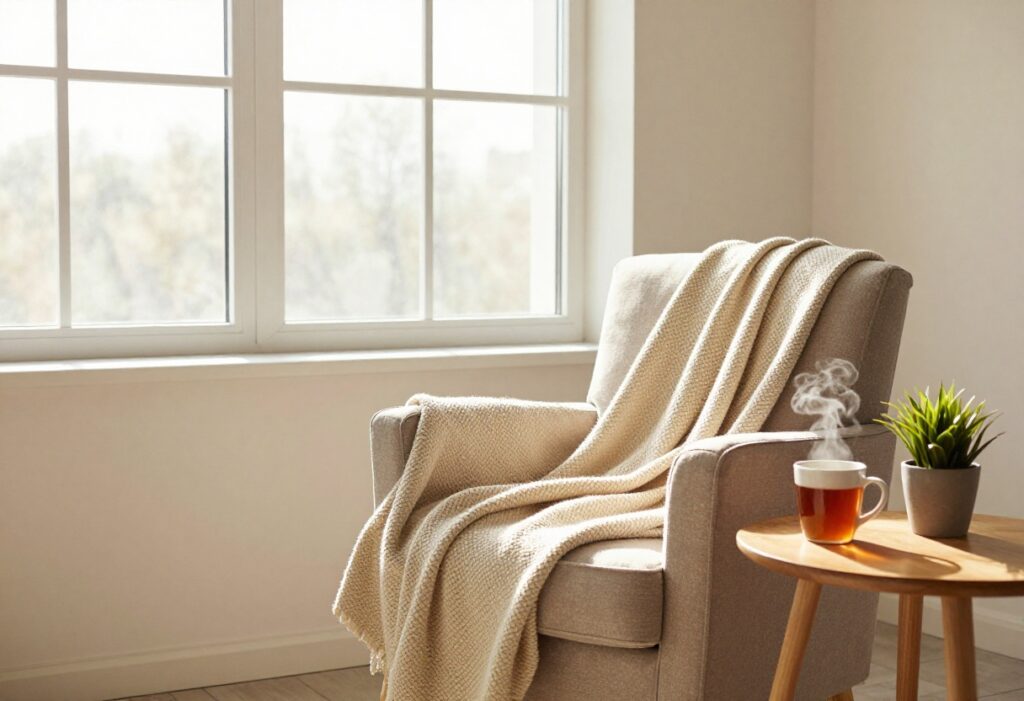 Cozy self-care corner with armchair, blanket, tea, and plant in warm sunlight