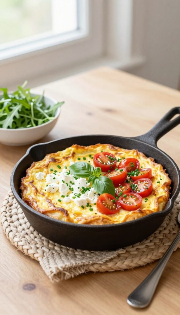 Herbed goat cheese and tomato frittata served in a cast iron skillet on a rustic breakfast table.