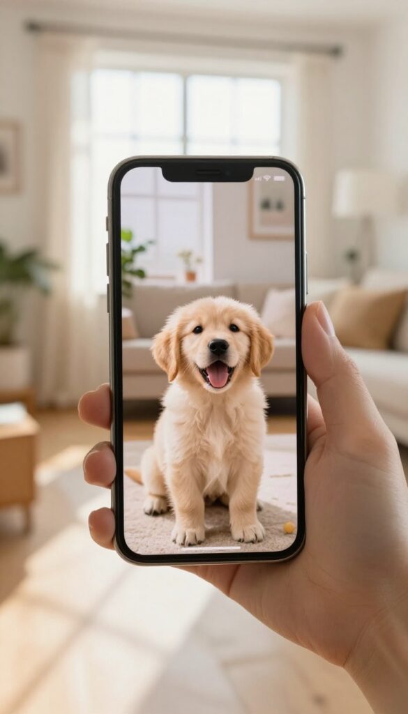 Person watching a funny dog video on a smartphone in a cozy living room