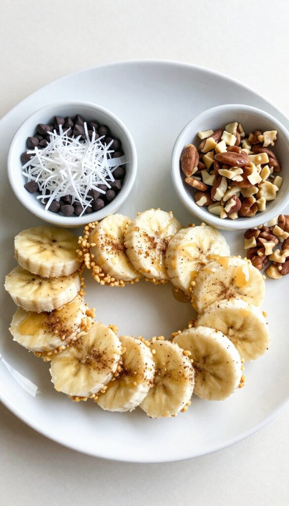 Banana sushi rolls on a plate with topping bowls
