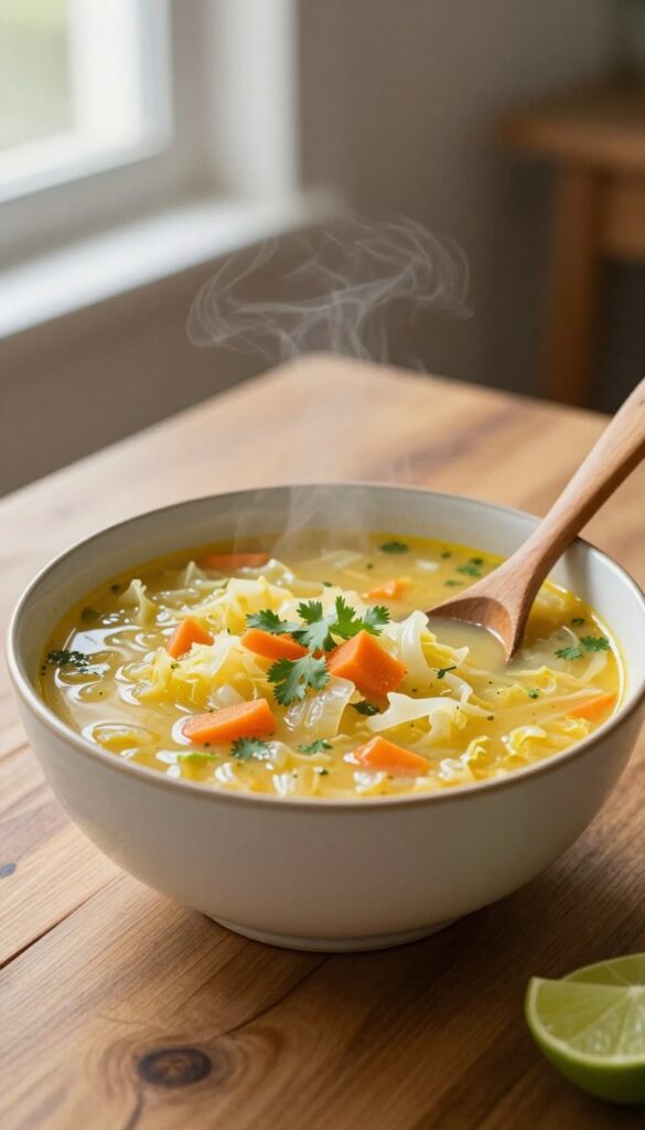 Bowl of creamy curry cabbage soup with lime wedge and cilantro on wooden table