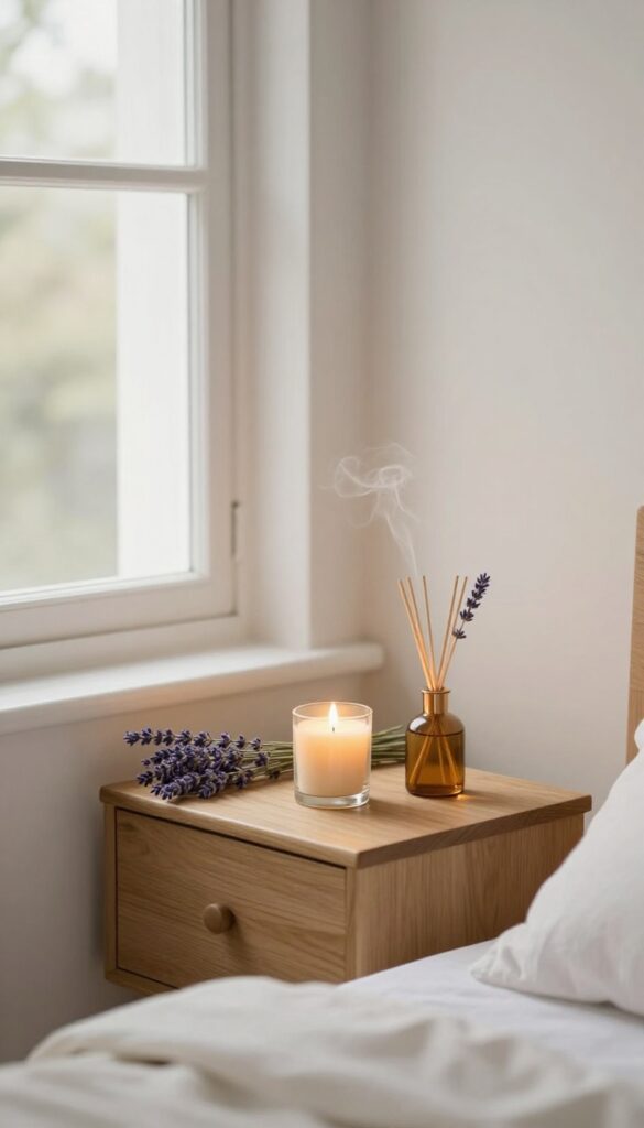 A lit candle and essential oil diffuser on a nightstand in a peaceful bedroom with natural light