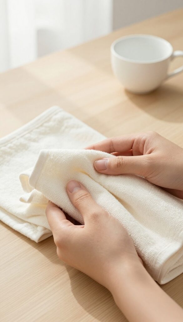 Hands folding a linen towel on a wooden table with soft natural light and a mug of tea in the background.