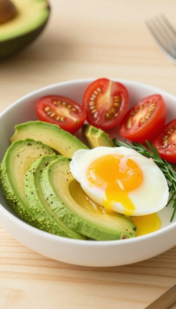 Avocado and egg breakfast bowl with cherry tomatoes and fresh herbs in a white bowl on a wooden table.